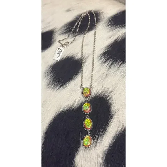 Native American Sterling Silver Pink Fire Opal 4 Stone Lariat Dangle Necklace - Picture 2 of 9